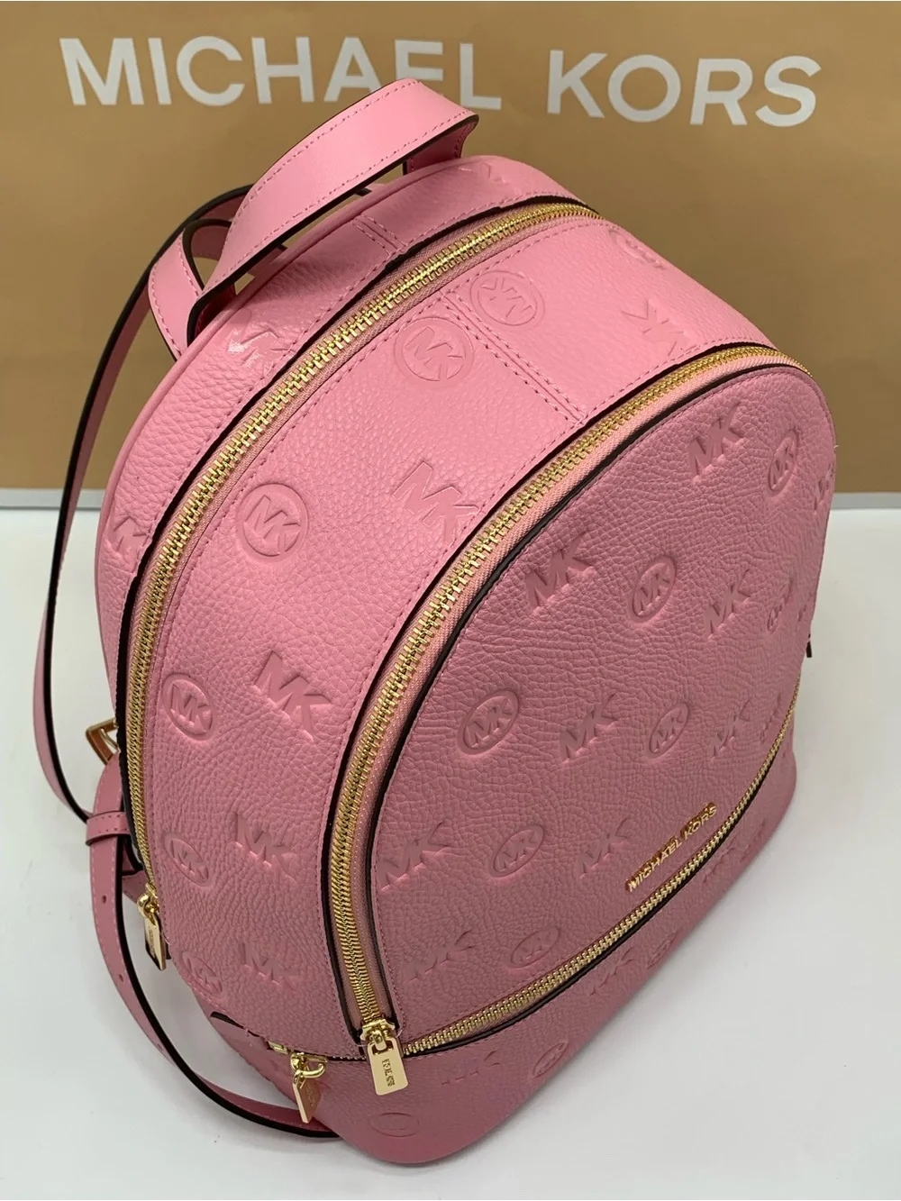Michael Kors Rhea Carnation Medium Leather Backpack with Gold Hardware
